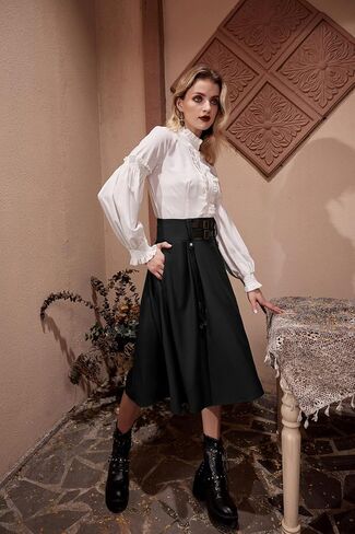 Gothic Skirt for Women Steampunk Pirate A-Line Skirts with Pockets Green S in Saudi Arabia