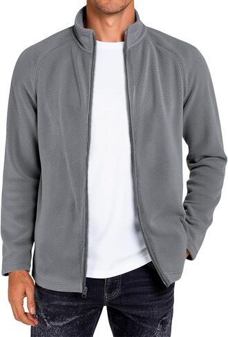 Runcati Mens Fleece Jacket Full Zip Lightweight Stand Collar Warm Jackets Casual Outdoor Windproof Coat with Pockets in Saudi Arabia