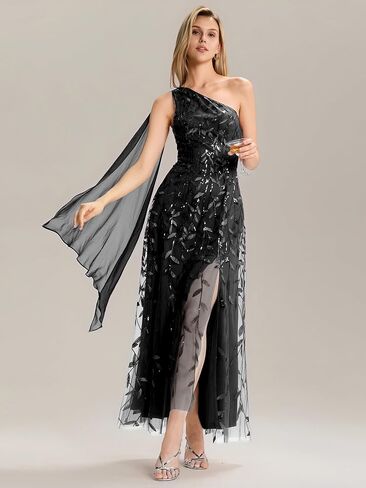 Ever-Pretty Women's One Shoulder Slit Flowy Panels Maxi Sequin A-Line Formal Evening Dresses 02486 in Saudi Arabia