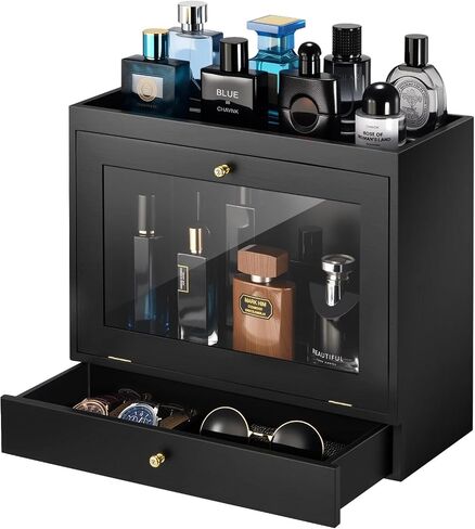 Perfume Organizer for Men, Wood Perfume Display Stand with Velvet Lining Drawer,Capacity Dustproof Perfume Holder for Watch,Jewelry,Perfume Display Risers,A Gift for Men (Black) in Saudi Arabia