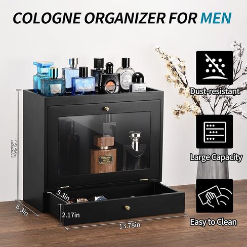 Perfume Organizer for Men, Wood Perfume Display Stand with Velvet Lining Drawer,Capacity Dustproof Perfume Holder for Watch,Jewelry,Perfume Display Risers,A Gift for Men (Black) in Saudi Arabia