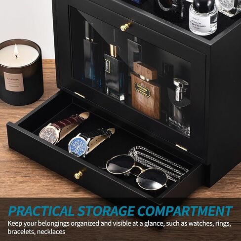 Perfume Organizer for Men, Wood Perfume Display Stand with Velvet Lining Drawer,Capacity Dustproof Perfume Holder for Watch,Jewelry,Perfume Display Risers,A Gift for Men (Black) in Saudi Arabia