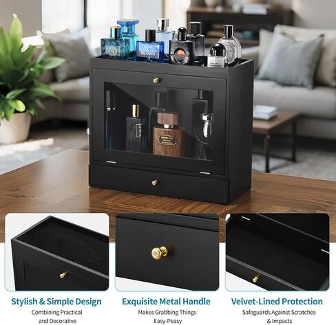 Perfume Organizer for Men, Wood Perfume Display Stand with Velvet Lining Drawer,Capacity Dustproof Perfume Holder for Watch,Jewelry,Perfume Display Risers,A Gift for Men (Black) in Saudi Arabia