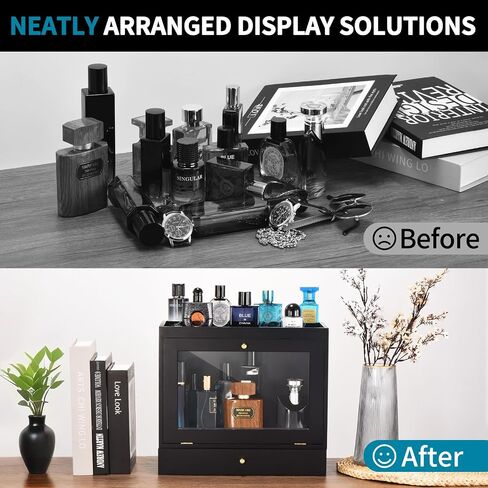 Perfume Organizer for Men, Wood Perfume Display Stand with Velvet Lining Drawer,Capacity Dustproof Perfume Holder for Watch,Jewelry,Perfume Display Risers,A Gift for Men (Black) in Saudi Arabia