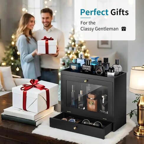 Perfume Organizer for Men, Wood Perfume Display Stand with Velvet Lining Drawer,Capacity Dustproof Perfume Holder for Watch,Jewelry,Perfume Display Risers,A Gift for Men (Black) in Saudi Arabia