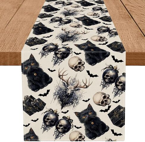 Gothic Decor Christmas Table Runner Black Cat Skeleton Snowflake Winter Xmas Kitchen Dining Home Room Vintage Decorations Christmas Party Supplies 13x72 Inch in Saudi Arabia