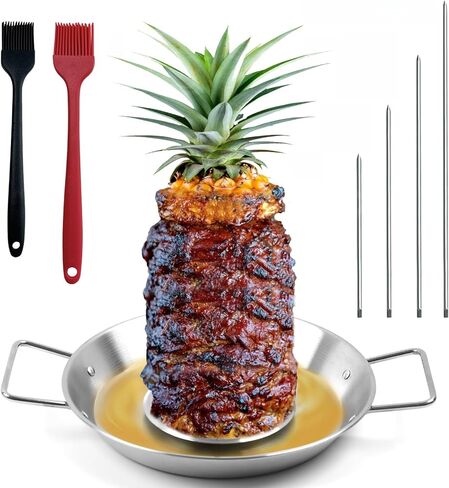 Al Pastor Skewer for Grill, Stainless Steel Vertical Stand, Brazilian Spit Stand with removable 3 Spikes, 2 Brushes, Anti-scalding Fittings, Fat Separator Tray, for Tacos Al Pastor, BBQ. in Saudi Arabia