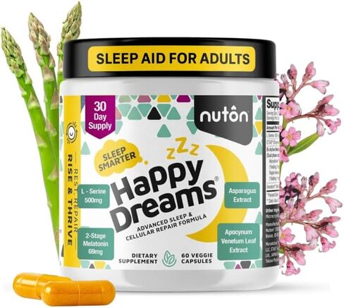 Nuton Happy Dreams مكمل المساعدات الطبيعية للنوم والحيوية الخلوية - مساعدات الميلاتونين للبالغين ، حليب إطلاق الوقت مع ETAs الهليون ، L -serine و entron ، 60 كبسولات الخضار in Saudi Arabia