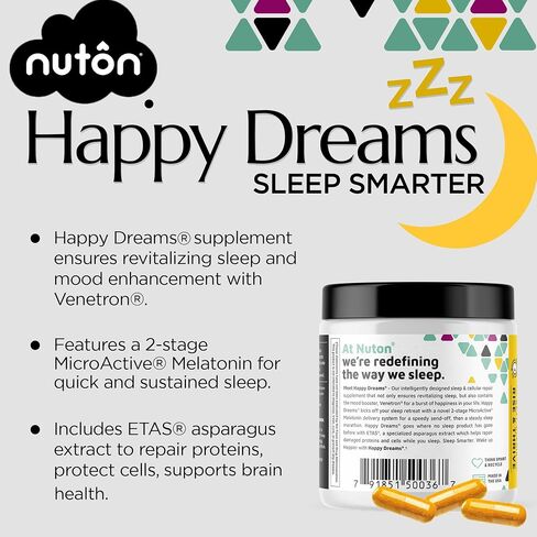 Nuton Happy Dreams مكمل المساعدات الطبيعية للنوم والحيوية الخلوية - مساعدات الميلاتونين للبالغين ، حليب إطلاق الوقت مع ETAs الهليون ، L -serine و entron ، 60 كبسولات الخضار in Saudi Arabia