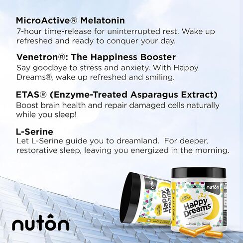 Nuton Happy Dreams مكمل المساعدات الطبيعية للنوم والحيوية الخلوية - مساعدات الميلاتونين للبالغين ، حليب إطلاق الوقت مع ETAs الهليون ، L -serine و entron ، 60 كبسولات الخضار in Saudi Arabia