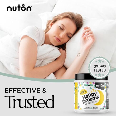 Nuton Happy Dreams مكمل المساعدات الطبيعية للنوم والحيوية الخلوية - مساعدات الميلاتونين للبالغين ، حليب إطلاق الوقت مع ETAs الهليون ، L -serine و entron ، 60 كبسولات الخضار in Saudi Arabia