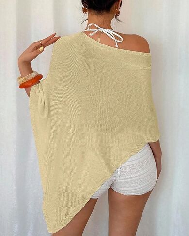 Women Y2K Off Shoulder See Through Sheer Knit Poncho Shawl Loose Batwing Sleeve Asymmetrical Mesh Shrug Bolero in Saudi Arabia