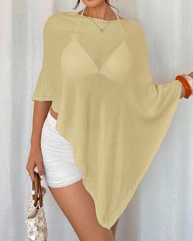 Women Y2K Off Shoulder See Through Sheer Knit Poncho Shawl Loose Batwing Sleeve Asymmetrical Mesh Shrug Bolero in Saudi Arabia