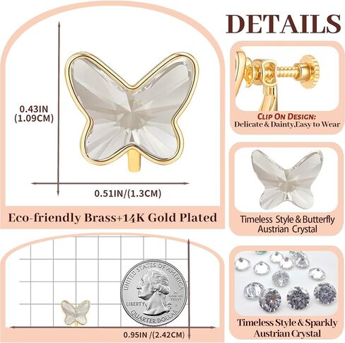 EVEVIC Austrian Crystal Butterfly Clip On Earrings for Women Adjustable Screw Back Non Pierced Earring 14K Gold Plated Hypoallergenic Jewelry in Saudi Arabia