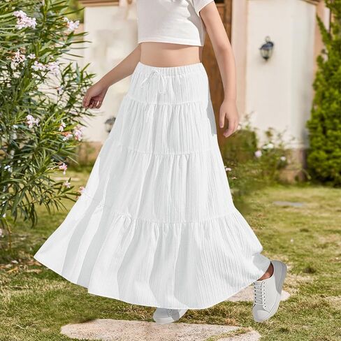 Girls Maxi Skirt Boho غير الرسمي متدرج عالي الخصر خط تنورة طويلة تتدفق الأطفال الصيف الصيف أرجوحة الطول تنانير الرباط in Saudi Arabia
