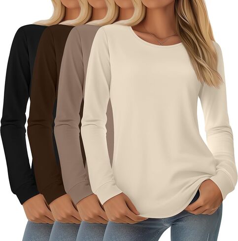 Huukeay 4 Pack Womens Long Sleeve Shirts Loose Fit Cotton Tunic Tops Crew Neck Curved Hem Basic Casual Layering Shirts in Saudi Arabia