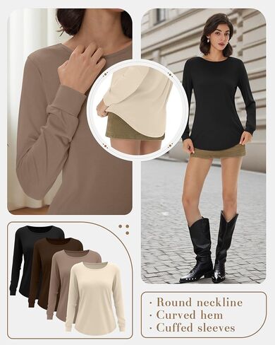 Huukeay 4 Pack Womens Long Sleeve Shirts Loose Fit Cotton Tunic Tops Crew Neck Curved Hem Basic Casual Layering Shirts in Saudi Arabia