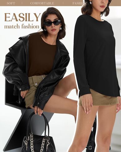 Huukeay 4 Pack Womens Long Sleeve Shirts Loose Fit Cotton Tunic Tops Crew Neck Curved Hem Basic Casual Layering Shirts in Saudi Arabia