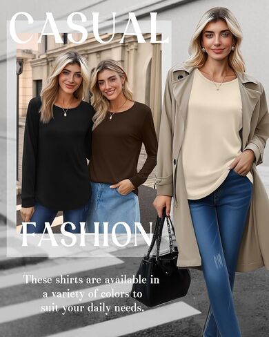 Huukeay 4 Pack Womens Long Sleeve Shirts Loose Fit Cotton Tunic Tops Crew Neck Curved Hem Basic Casual Layering Shirts in Saudi Arabia