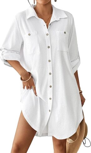 Bsubseach Terry Cloth Swim Cover Up for Women Cotton Bathing Suit Coverup Button Down Beach Shirt Robes with Pockets in Saudi Arabia