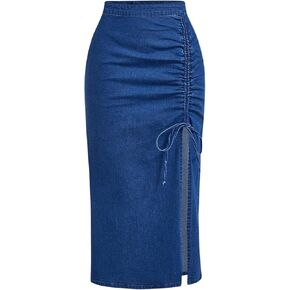 WDIRARA Women's High Waisted Drawstring Split Thigh Bodycon Midi Denim Skirt in Saudi Arabia