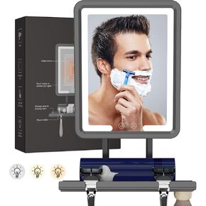 LED Fogless Shower Mirror for Shaving - Heated Fog Free, 3 Dimmable Lights, 360° Adjustable, Rechargeable - with Storage Tray, Razor & Shaving Brush Holders, Gifts for Men in Saudi Arabia
