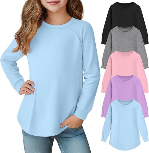 5 Pack Girls' Long Sleeve Shirts Curve Hem Crewneck Tops Raglan Loose Fit Casual Kids Basic Tees Fall in Kuwait