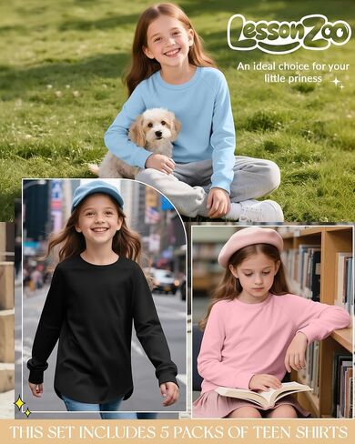5 Pack Girls' Long Sleeve Shirts Curve Hem Crewneck Tops Raglan Loose Fit Casual Kids Basic Tees Fall in Kuwait