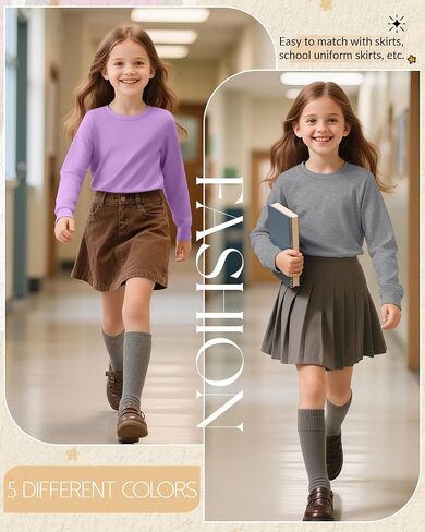 5 Pack Girls' Long Sleeve Shirts Curve Hem Crewneck Tops Raglan Loose Fit Casual Kids Basic Tees Fall in Kuwait