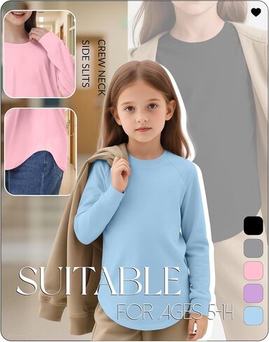 5 Pack Girls' Long Sleeve Shirts Curve Hem Crewneck Tops Raglan Loose Fit Casual Kids Basic Tees Fall in Kuwait