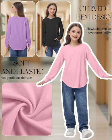 5 Pack Girls' Long Sleeve Shirts Curve Hem Crewneck Tops Raglan Loose Fit Casual Kids Basic Tees Fall in Kuwait