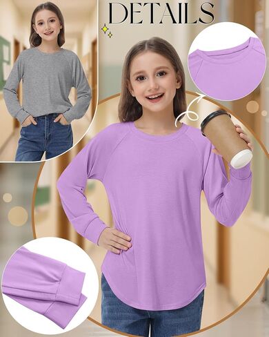 5 Pack Girls' Long Sleeve Shirts Curve Hem Crewneck Tops Raglan Loose Fit Casual Kids Basic Tees Fall in Kuwait