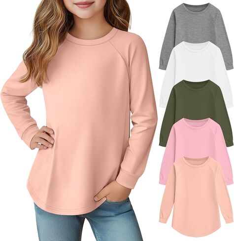5 Pack Girls' Long Sleeve Shirts Curve Hem Crewneck Tops Raglan Loose Fit Casual Kids Basic Tees Fall in Kuwait