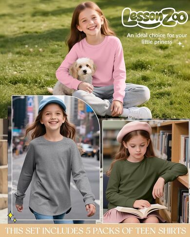 5 Pack Girls' Long Sleeve Shirts Curve Hem Crewneck Tops Raglan Loose Fit Casual Kids Basic Tees Fall in Kuwait