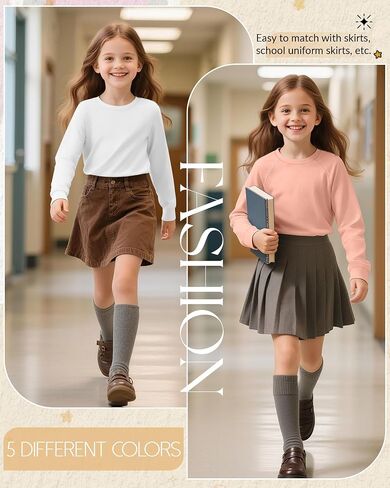 5 Pack Girls' Long Sleeve Shirts Curve Hem Crewneck Tops Raglan Loose Fit Casual Kids Basic Tees Fall in Kuwait