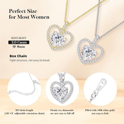 2CT Moissanite Heart Necklace Gifts for Women ، S925 Sterling Silver Jewelry for Wife ، عيد ميلاد الذكرى السنوية للزوجة لها ، هدايا المجوهرات لصديقتها ، أمي ، الذهب الذهب/الذهب الأبيض 18 ك. in Kuwait