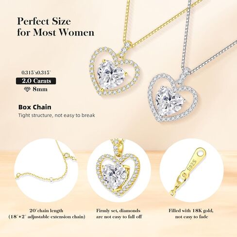 2CT Moissanite Heart Necklace Gifts for Women,S925 Sterling Silver Jewelry for Wife,Anniversary Birthday Present for Wife Women Her,Jewelry Gifts for Girlfriend,Mom,18K Gold/White Gold Filled in Saudi Arabia