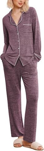 Ekouaer النسائية Pajama يضع الأكمام الطويلة ملابس النوم المريحة لأسفل سروال طويل السراويل PJS مجموعة مع جيوب S-XXL in Saudi Arabia