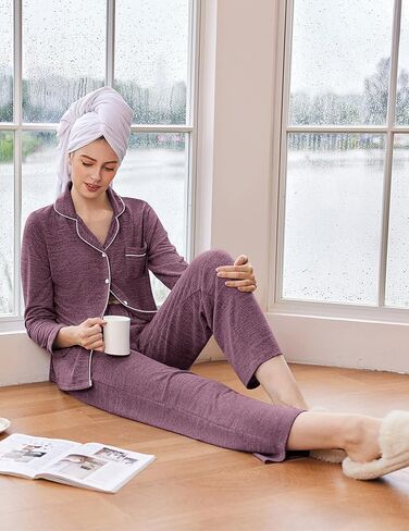 Ekouaer النسائية Pajama يضع الأكمام الطويلة ملابس النوم المريحة لأسفل سروال طويل السراويل PJS مجموعة مع جيوب S-XXL in Saudi Arabia
