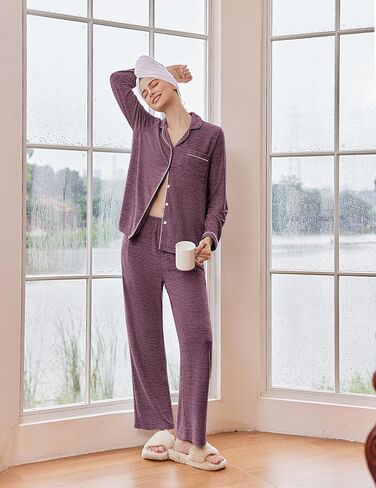 Ekouaer النسائية Pajama يضع الأكمام الطويلة ملابس النوم المريحة لأسفل سروال طويل السراويل PJS مجموعة مع جيوب S-XXL in Saudi Arabia