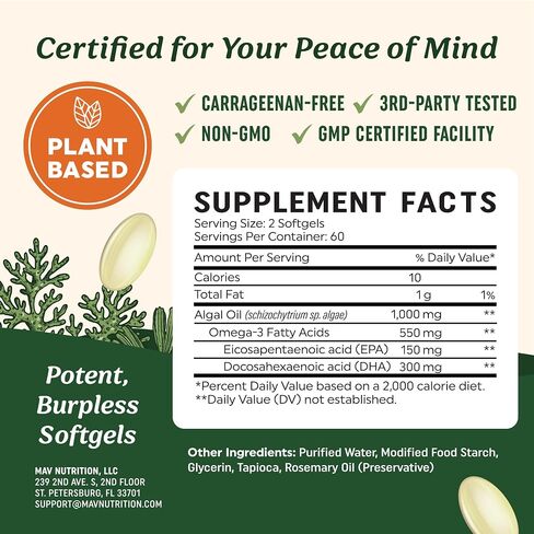 Vegan Omega 3 Algae Oil | Plant Based DHA EPA | Sustainably Sourced, No Carrageenan, Non GMO | Heart, Brain, Eye & Joint Health | Fish Oil Alternative | Algae Oil Omega 3 Supplement | 60 Softgels in Saudi Arabia
