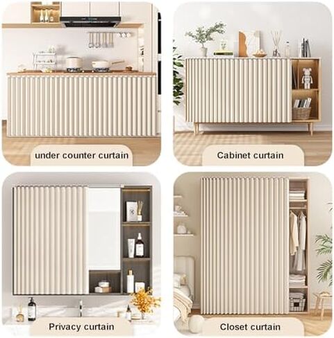 Beige Cabinet Curtains for Shelves, Dust-Proof Closet Curtain with Sliding Rail, Privacy Curtain for Kitchen, Wardrobe, Pantry & Laundry Room (80cm Track x H 120cm) in Saudi Arabia