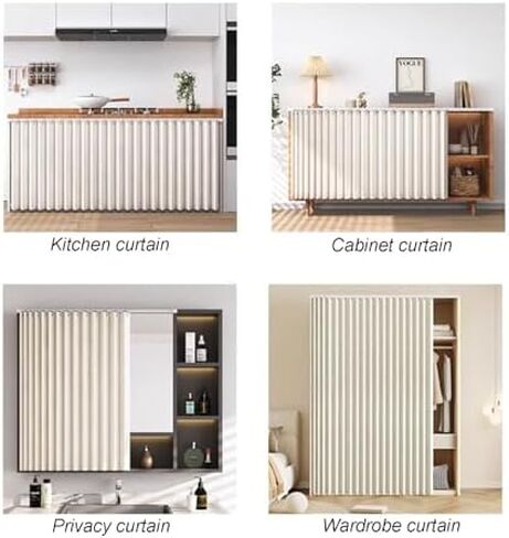 Beige Folding Short Kitchen Curtains, Dust-Proof Privacy Cabinet & Closet Curtain with Self-Adhesive Sliding Tracks, Perfect for Shelves - 60x70 cm in Saudi Arabia