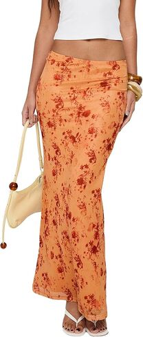 Women's Maxi Skirt Mesh Floral Print Casual High Waisted Elastic Bodycon Fishtail Hem Vacation Long Skirts in Kuwait