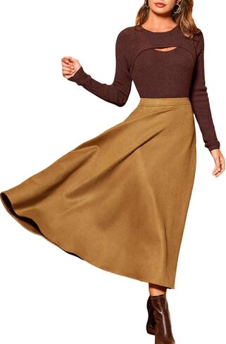 CUPSHE Women's Midi Skirts A Line Suede Skirt Dressy High Waisted Long Skirt with Pockets Casual Winter Fall Vacation Outfits in Saudi Arabia