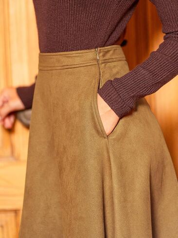 CUPSHE Women's Midi Skirts A Line Suede Skirt Dressy High Waisted Long Skirt with Pockets Casual Winter Fall Vacation Outfits in Saudi Arabia
