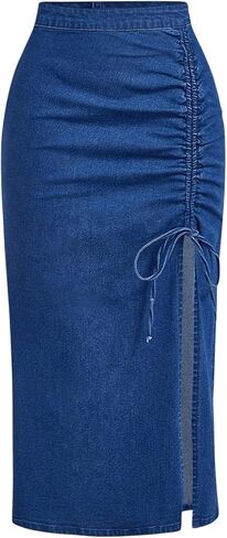 WDIRARA Women's High Waisted Drawstring Split Thigh Bodycon Midi Denim Skirt in Saudi Arabia