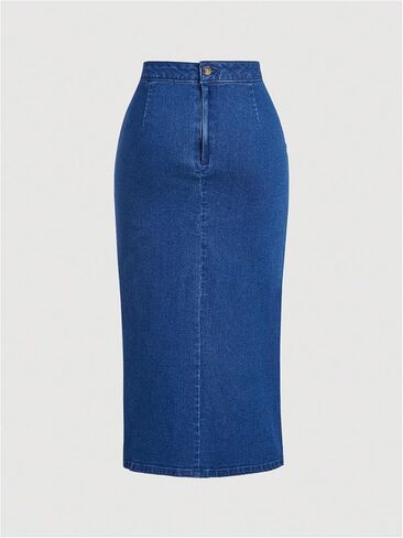 WDIRARA Women's High Waisted Drawstring Split Thigh Bodycon Midi Denim Skirt in Saudi Arabia
