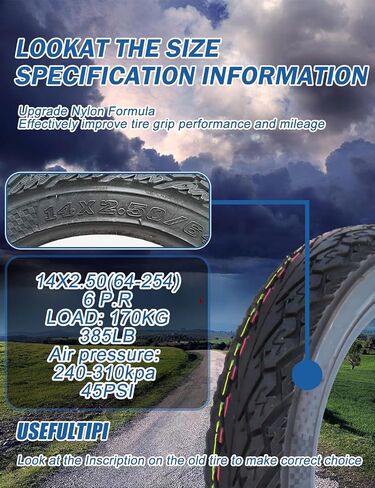 14X2.50 Ebike Replacement Tire for Electric Scooters, 6PR, 14X2.50 (64-254) Tubeless Tire Compatible 2.50-10, 45PSI, Puncture Resistant and Thickened in Saudi Arabia