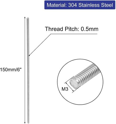 uxcell M3 x 150mm 0.5mm Pitch 304 Stainless Steel Fully Threaded Rod Silver Tone 20 Pcs in Saudi Arabia
